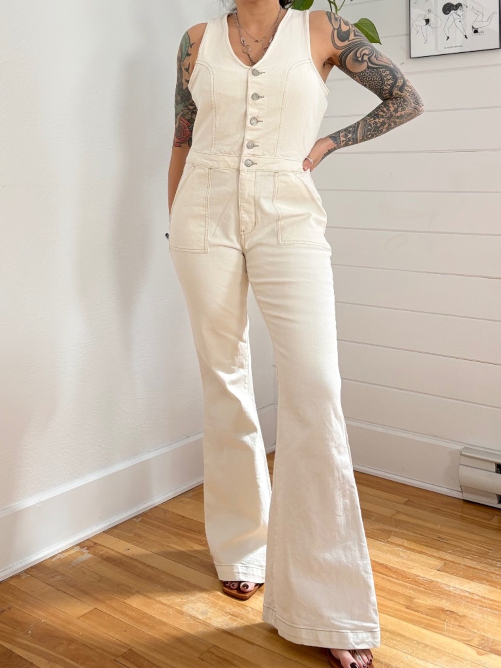 Sleeveless Cream Button-Front Wide-Leg Jumpsuit